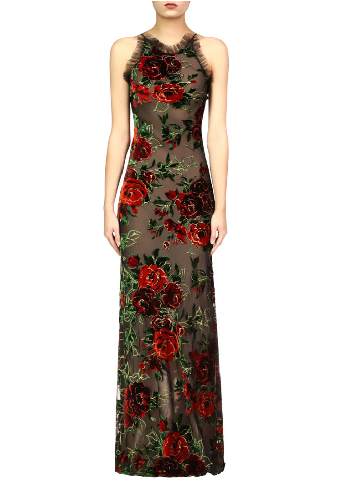 Rodarte Floral Velvet Devoré Halter Gown With Tulle Detail