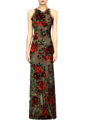 Rodarte Floral Velvet Devoré Halter Gown With Tulle Detail