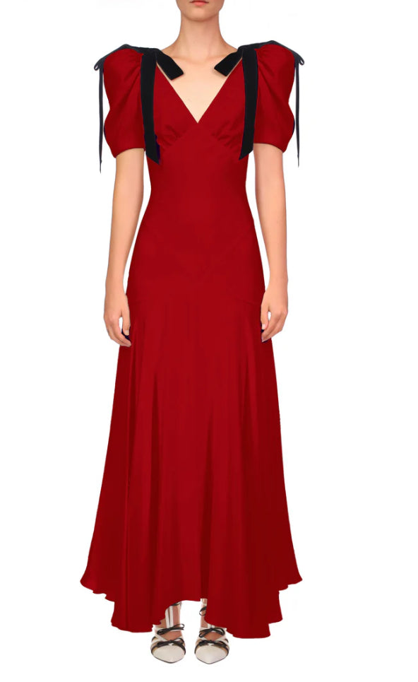 Rodarte Crimson Silk Crepe Bias Dress With Velvet Ribbon Bow Details