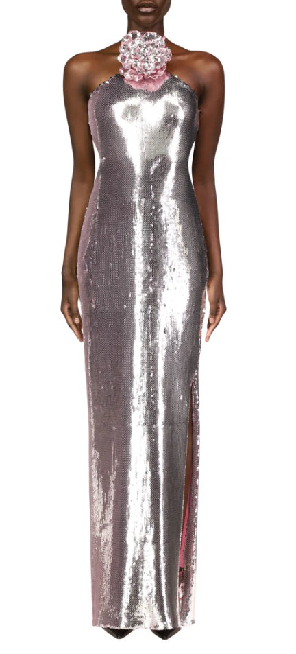 Rodarte Silver Sequin Halter Gown With Flower Detail