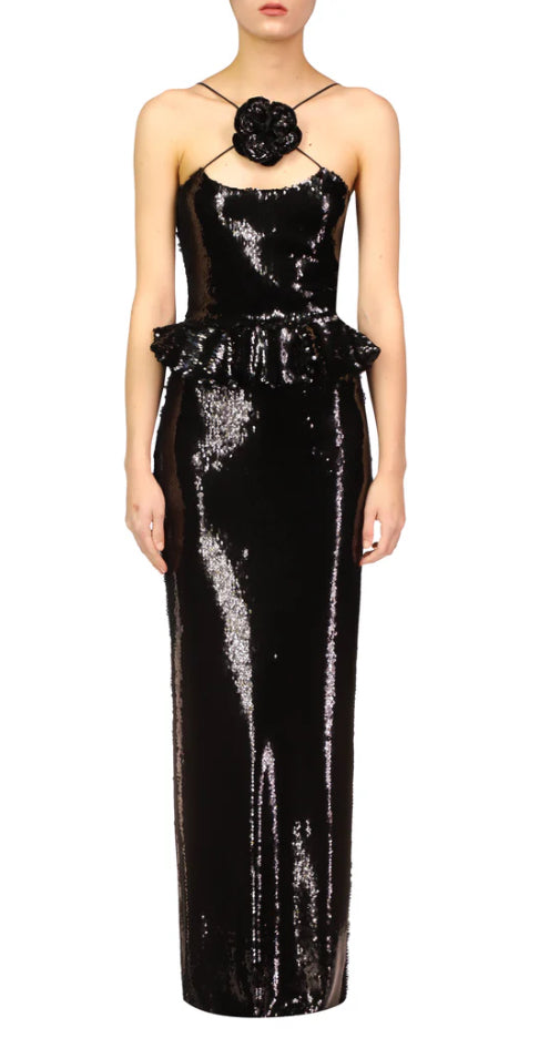 Rodarte Black Sequin Peplum Gown With Sequin Flower Pin