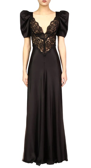 Rodarte Black Silk Short Sleeve Gown With Black Lace Details