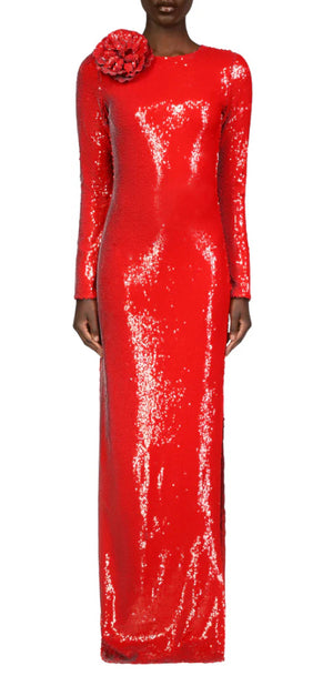 Rodarte Red Sequin Gown With Flower Detail